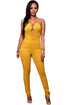 Sexy Yellow Deep V Lace-up Faux Suede Strapless Jumpsuit